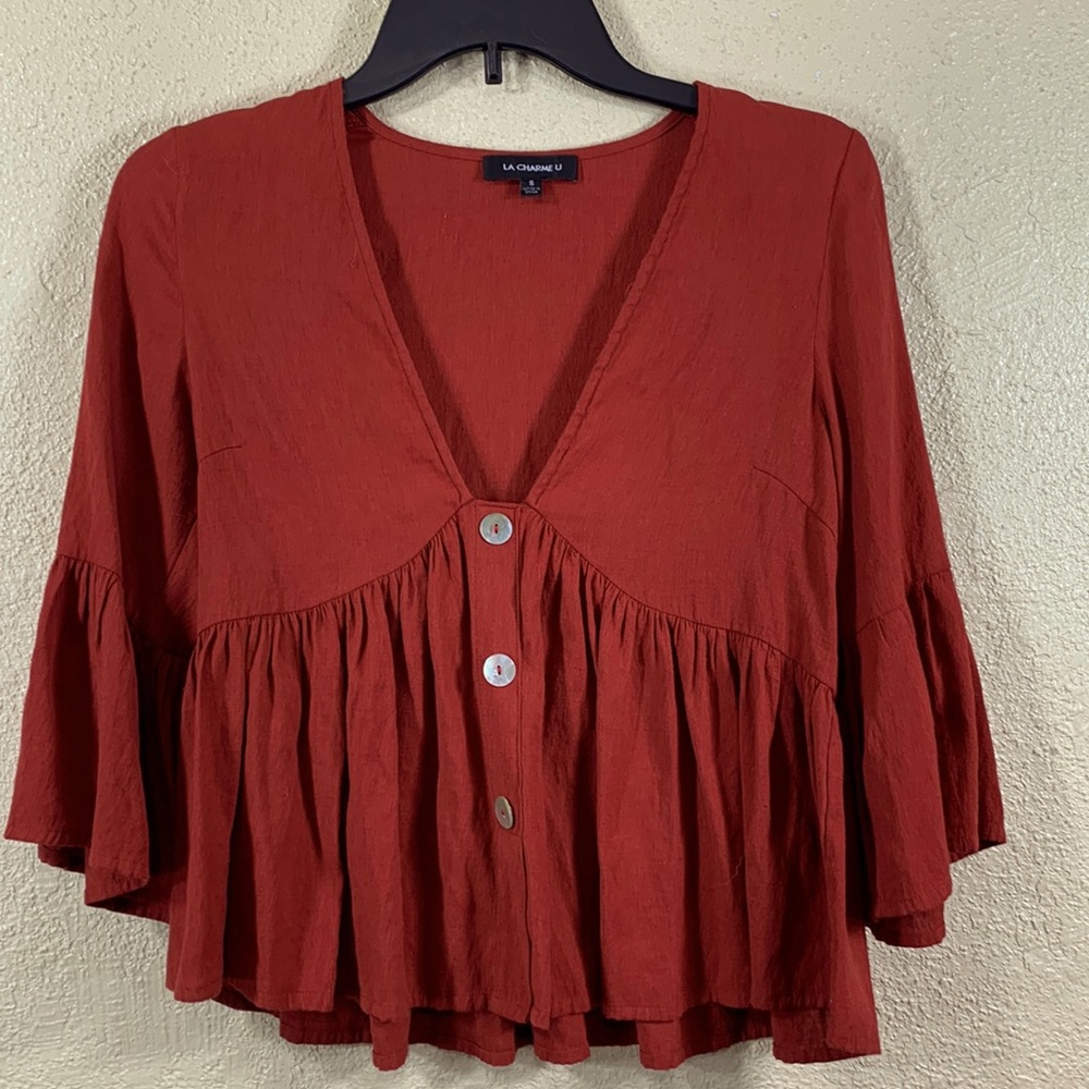 La Charme U Top Blouse Brick Red Size S Cropped